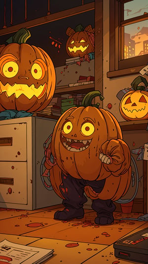 illustration of an old office with a monster like a pumpkin wearing a cap standing, old office, dirty, cheaply, blood on the floor, Ultra-fine detail, Accent lighting, pumpkins monster, cap