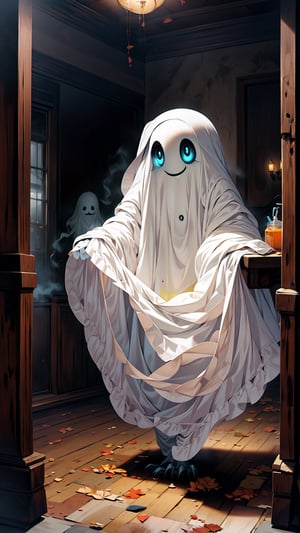 In the eerie glow of a dimly lit ((washroom)), a ghostly presence makes itself known. This haunted specter, with a touch of a mischievous smile, is unlike any other. Its ethereal form shrouded in translucent wisps, the ghost embodies the spirit of Halloween with a playful twist. Its eyes, piercing with an otherworldly gaze, seem to follow your every move, fueling a sense of delightful fright. As you step into the washroom, prepare for an encounter that will send shivers down your spine, owl