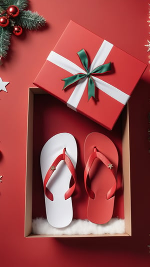open gift box with christmas decorations on a white background, three red flip flop sandals lie in open box, on a red background, gift, star (symbol), box, no humans, christmas, ultrarealism, cinematic, ultra high definition, hyper realistic, 8K, (masterpiece, best quality), (many colors:1.4), intricate details, artstation, wallpaper, official art, cinematic still, extremely detailed, full depth of field, symmetrical