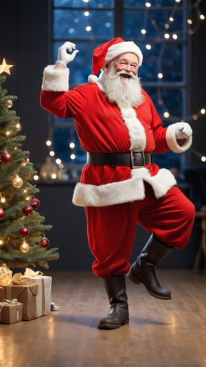 santa claus dancing around, with fairy lights in background stock photos, old, old man, solo, male focus, santa costume, hat, santa hat, facial hair, christmas, beard, boots