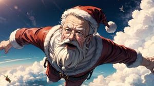 (santa claus) ((flying)) in the sky during a holiday celebration, by way of parachute, old, old man, male focus, hat, santa costume, glasses, santa hat, sky, facial hair, cloud, flying, solo, beard, day, christmas, open mouth, old man