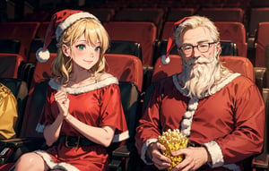 an image of a couple, the (girl with blonde hair, very pretty, friendly and smiling, wearing a casual dress), She's sitting next to a nice ((santa claus) wearing a santa costume), both eating popcorn, in a movie theater watching a movie playing, alone , no other people in the room, Classic theater style cinema with many armchairs side by side, detailed image, 8K, detailed faces
