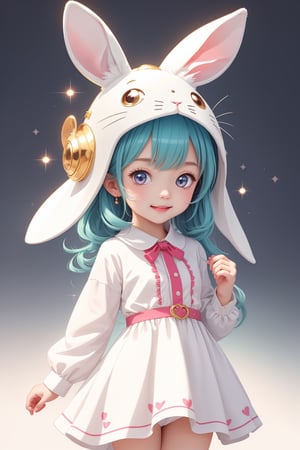 (best quality,ultra-detailed),Cute Chibi girl, Exquisite rabbit helmet:1.2, white dress, illustration,[bright colors],[sparkling eyes],[playful pose],fun and energetic,medium:anime-style,soft lighting