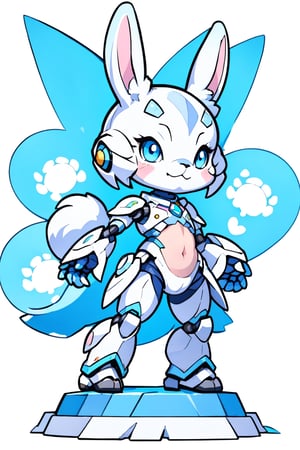 cartoon white Lop-eared Rabbit standing on a blue base with a huge gem, blue eyes, solo, robot, white background, tail, :3