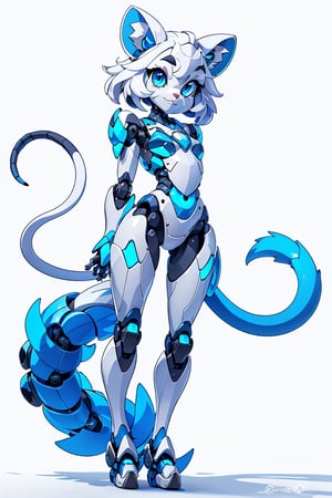 cartoon white civet standing on a blue base with looking at you, mechanical armor, blue eyes, solo, robot, white background, tail, :3,3DMM