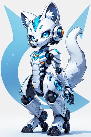 cartoon white civet standing on a blue base with looking at you, mechanical armor, blue eyes, solo, robot, white background, tail, :3,3DMM
