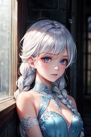 (masterpiece, , vibrant colors, super high realism, hyperealistic, high quality, 64k, uhd, extremely detailed, extremely intricate, professional)
BREAK
dark, ice, rain, heavy rain, drops of water in window, bright lightning
 heart shaped, face tatoo, pink heart, 1girl, white hair,braid, blue eyes, prom queen, prom blue dress,elsa frozen hairstyle, 