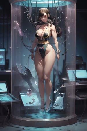 (best quality), (highly detailed), masterpiece, (official art), lips, ((stasis tank)), (((underwater))), front_view, bubbles, mind control, ((full_body)),air bubble, ((submerged, stationary restraints)), , , collar,restrained, science fiction, green theme,  cable,  stationary restraints, blurry background,depth of field, best quality, masterpiece, intricate details, tonemapping, sharp focus, hyper detailed, trending on Artstation,stasis tank,corruption,1 girl,empty eyes,cyberpunk,Detailedface,(chun li) 
