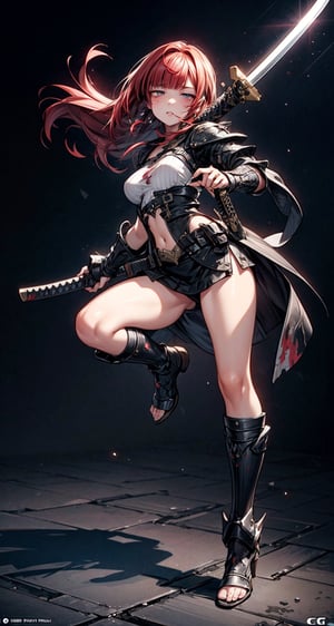 a surrealism and hyper realism full body shot photo of a girl in her late twenties sporting a long dark red hair with blunt bangs and wearing a metalic armor ordained with intricate filigree, she is holding a bloodied katana while posing as if she is about to strike, ultra high definition, 64k UHD, (((final fantasy like CG rendering))), masterpiece, intricate details, best quality, beautifully detailed eyes and hyper realistic skin with visible skin pores, add detail, Enhance, surrounded by beams of light and glowing light particles