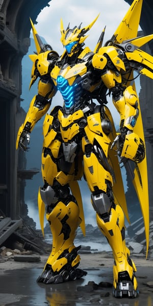 full body, yellow dragon robot with black accent, lightning blue strike eye glow, bulky metallic mechanical parts, open cockpit on chest, ruins background, hyper-realistic, masterpiece, best quality, 8k ultra HD