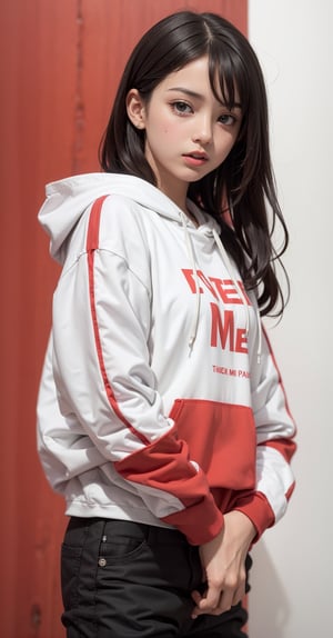 technicolor paint splash background, a picture of a teenage girl wearing red and white cropped hoodie, a text is written on the fron of the hoodie that says 'fuck me'