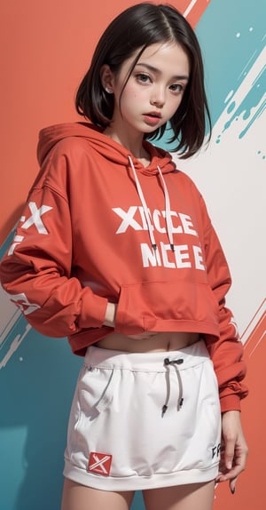 technicolor paint splash background, a picture of a teenage girl wearing red and white cropped hoodie, (((a text is written on the fron of the hoodie that says (("fuck me")) )))