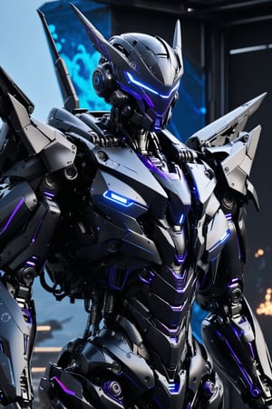 robot, full black with purple lining accent, lightning blue sparks, front view, stand tall, ((full body)), metallic mechanical parts, ((open chest cockpit)), war aftermath background, hyper-realistic, masterpiece, best quality, 8k ultra HD