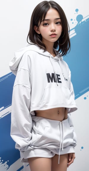 technicolor paint splash background, front view, model pose, (((a picture of a teenage girl wearing white+white cropped hoodie))), (((a "fuck me" is written on the hoodie)))