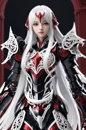 front_view, (1girl, looking at viewer), white long hair, black metalic mechanical_armor, dynamic pose, delicate white filigree, intricate filigree, red metalic parts, intricate armor, detailed part