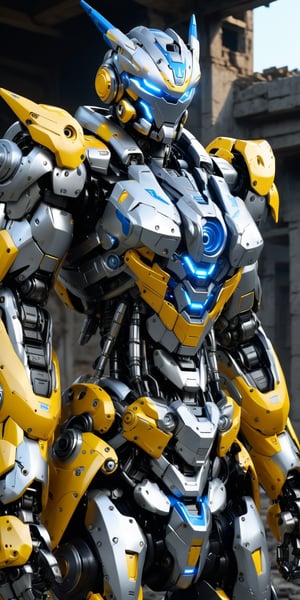 full body, yellow and silver mecha robot, lightning blue strike eye glow, bulky metallic mechanical parts, open cockpit on chest, ruins background, hyper-realistic, masterpiece, best quality, 8k ultra HD