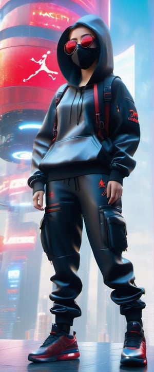 cyber-realistic ultra high definition, unity 3d rendering photo a girl wearing a black cargo jogger pants, black hacker backpack, a pair of air jordan shoes and black metallic hoodie and oxygen facemask, she has a big purplish red eyes which is perfectly levitating above sky scrapers,night city,cyborg style,cyberpunk style,background,DonMPl4sm4T3chXL 