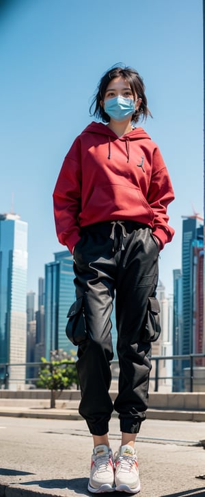 cyber-realistic ultra high definition, unity 3d rendering photo a girl wearing a black cargo jogger pants, black hacker backpack, a pair of air jordan shoes and black metallic hoodie and oxygen facemask, she has a big purplish red eyes which is perfectly levitating above sky scrapers