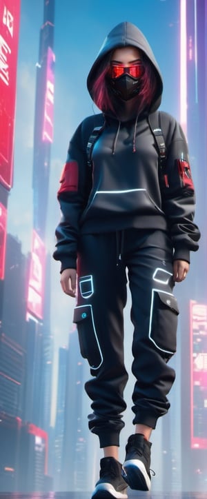 cyber-realistic ultra high definition, unity 3d rendering photo a girl wearing a black cargo jogger pants, black hacker backpack, a pair of air jordan shoes and black metallic hoodie and oxygen facemask, she has a big purplish red eyes which is perfectly levitating above sky scrapers,night city,cyborg style,cyberpunk style,background,DonMPl4sm4T3chXL 