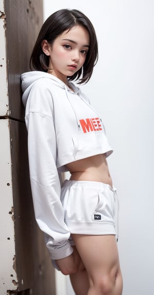 technicolor paint splash background, (((front view, model pose, whole body shot, picture of a teenage girl wearing white+white cropped hoodie))), (((a "fuck me" is written on the hoodie)))