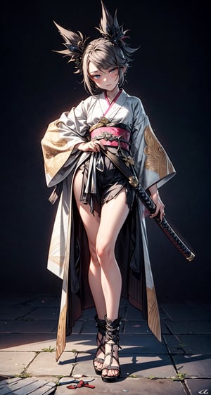 a surrealism and hyper realism, ultra high definition, (((final fantasy like CG rendering))), 64k UHD, masterpiece, intricate details, best quality, beautifully detailed eyes and hyper realistic skin with visible skin pores, full body shot photo of a 17 year old girl wearking a metallic kimono with filigree metal parts, feet planted firmly on the ground, knees half bent, she is holding a katana backwards with of of her hands, concentrating for a horizontal slash, add detail, Enhance