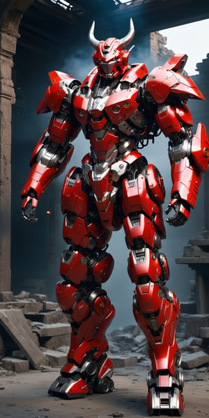 full body, red minotaur robot with white accent, lightning sparks eye glow, bulky metallic mechanical parts, open cockpit on chest, ruins background, hyper-realistic, masterpiece, best quality, 8k ultra HD