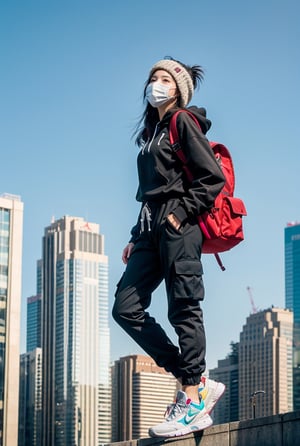 hyper-realistic ultra high detailed photo a girl wearing a black cargo jogger pants, black hacker backpack, a pair of air jordan shoes and black metallic hoodie and oxygen facemask, she has a big purplish red eyes which is perfectly levitating above sky scrapers