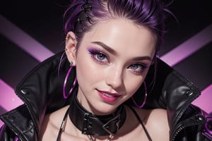 close up, face shot, smile, purple and black jacket, neon light metal collar, 1 girl, , red lips, half shaved head, ear piercings, heavy make-up with  naked, breasts