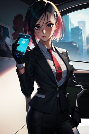 1 girl, black suit, red tie, white shirt, black driving gloves, 