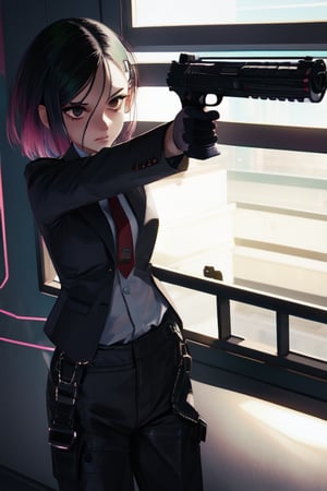 1 girl, black suit, red tie, white shirt, black driving gloves, black pants, future style, aiming pistol surpressor, pistol pose, 