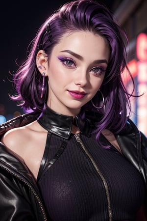 close up, face shot, smile, purple and black jacket, neon light metal collar, 1 girl, , red lips, half shaved head, ear piercings, heavy make-up with  naked, breasts