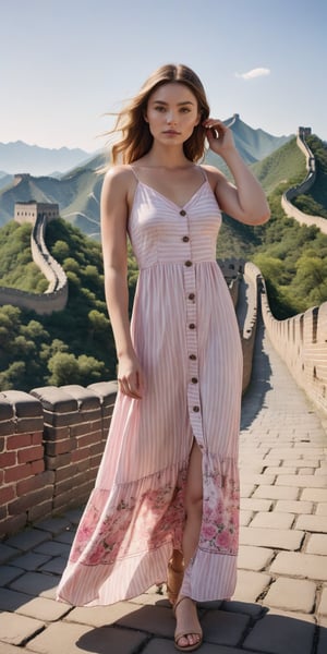 A radiant masterpiece of photography captures the essence of elegance as one stunning girl poses with poise, donning a Y.A.S Festival cami maxi dress with button front in pink floral stripe. Drenched in warm sunlight, her figure is accentuated against a  backdrop of the stunning Great Wall of China, China, showcasing every detail from the cloth's texture to the delicate curve of her beauty. The best quality lens and expert composition come together to create an award-winning image that exudes sophistication.,more detail XL,Extremely Realistic