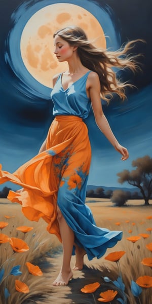 a painting of a girl walking in a field under a full moon, in the style of graceful movement, orange and azure, phoenician art, flower power, realistic yet romantic, pictorial fabrics, dance