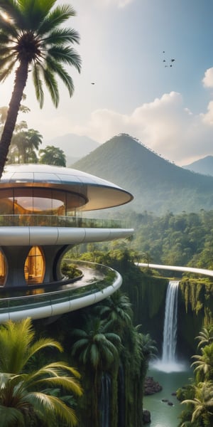 forest , tree , future, daytime, sun shine, future, asia, drizzle, futuristic architecture house, architecture assimilate into forest, palm tree, different species of asian forest plant, perspective depth of field, animal ,round & oval shape architecture house, wind, mountain bacground , bird fly, waterfall, colourful plant