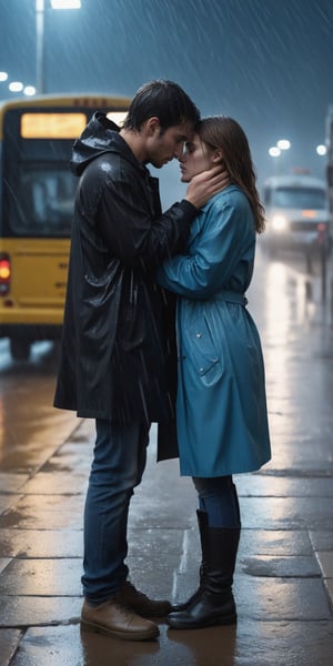 European, two young people, masterpiece, best quality, the young man and the girl are very in love with each other, they are both 28 years old. Under the rain, the girl is wearing a black raincoat and jeans underneath, and the man is wearing a blue coat and jeans, the man is on the intercity street at night ( (at the bus terminal)) extremely sad and emotional scene where she is about to break up with her lover, her hands are about to be separated from each other, shot from outside, woman about to be alone, rain, ((terminal crowd)), drenched, professional professionalism, distorted, both , facing the viewer, seen to the viewer, live 8k, ultra realistic, night, upper body, photo r3al, shooting star, photo r3al