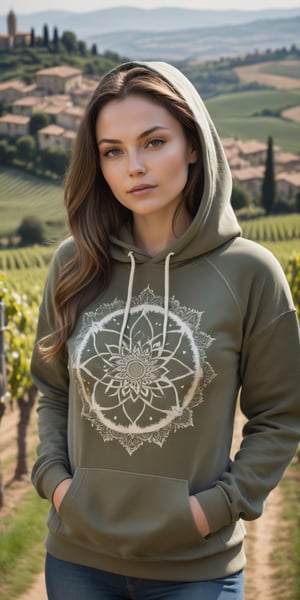 A radiant masterpiece of photography captures the essence of elegance as one stunning girl named Kathy with long hair poses with poise, donning a Reclaimed Vintage unisex mandala celestial hoodie in washed khaki . Drenched in warm sunlight, showcasing every detail from the cloth's texture to the delicate curve of her beauty. her figure is accentuated against a backdrop of the stunning Tuscany, Italy , its iconic rolling hills, vineyards, and charming medieval villages , creating a stunning and serene backdrop, perfect for nature-themed photo-shoots, The best quality lens and expert composition come together to create an award-winning image that exudes sophistication.,more detail XL,Extremely Realistic