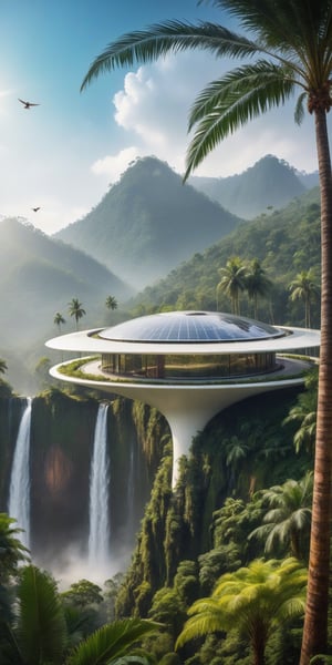 forest , tree , future, daytime, sun shine, future, asia, drizzle, futuristic architecture house, architecture assimilate into forest, palm tree, different species of asian forest plant, perspective depth of field, animal ,round & oval shape architecture house, wind, mountain bacground , bird fly, waterfall, colourful plant