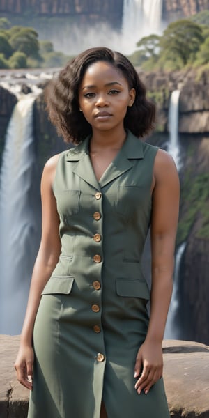 A radiant masterpiece of photography captures the essence of elegance as one stunning girl poses with poise, donning a ASOS DESIGN collared midaxi waistcoat dress with button front in khaki. Drenched in warm sunlight, showcasing every detail from the cloth's texture to the delicate curve of her beauty. her figure is accentuated against a  backdrop of the stunning Victoria Falls, Zambia/Zimbabwe,  The best quality lens and expert composition come together to create an award-winning image that exudes sophistication.,more detail XL,Extremely Realistic