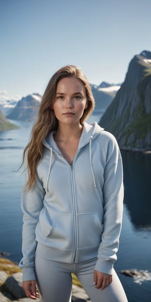 A radiant masterpiece of photography captures the essence of elegance as one stunning girl named Kathy with long hair poses with poise, donning a ASOS DESIGN zip through hoodie with shoulder pads in ice marl . Drenched in warm sunlight, showcasing every detail from the cloth's texture to the delicate curve of her beauty. her figure is accentuated against a backdrop of the stunning Lofoten Islands, Norway , its iconic dramatic mountains, deep fjords, and picturesque fishing village , creating a stunning and serene backdrop, perfect for nature-themed photo-shoots, The best quality lens and expert composition come together to create an award-winning image that exudes sophistication.,more detail XL,Extremely Realistic