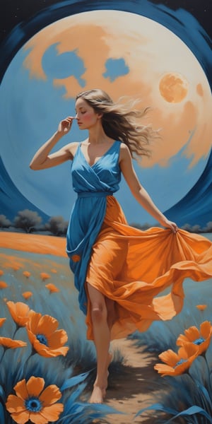 a painting of a girl walking in a field under a full moon, in the style of graceful movement, orange and azure, phoenician art, flower power, realistic yet romantic, pictorial fabrics, dance