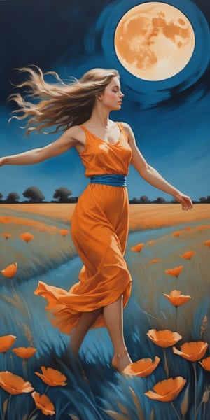 a painting of a girl walking in a field under a full moon, in the style of graceful movement, orange and azure, phoenician art, flower power, realistic yet romantic, pictorial fabrics, dance