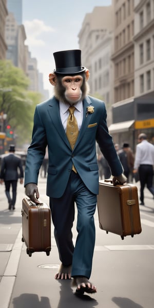 High resolution, full detailed, better image quality,16k, ultrara definition,ultra-realistic,

Believe me a monkey, with suit form, with a top hat, and a suitcase in hand, walking in the city 