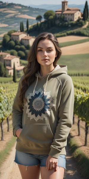 A radiant masterpiece of photography captures the essence of elegance as one stunning girl named Kathy with long hair poses with poise, donning a Reclaimed Vintage unisex mandala celestial hoodie in washed khaki . Drenched in warm sunlight, showcasing every detail from the cloth's texture to the delicate curve of her beauty. her figure is accentuated against a backdrop of the stunning Tuscany, Italy , its iconic rolling hills, vineyards, and charming medieval villages , creating a stunning and serene backdrop, perfect for nature-themed photo-shoots, The best quality lens and expert composition come together to create an award-winning image that exudes sophistication.,more detail XL,Extremely Realistic