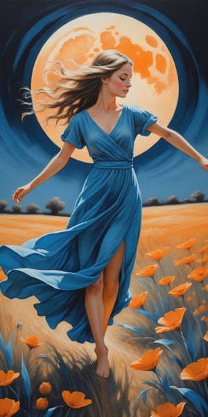 a painting of a girl walking in a field under a full moon, in the style of graceful movement, orange and azure, phoenician art, flower power, realistic yet romantic, pictorial fabrics, dance