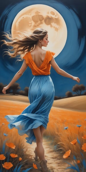 a painting of a girl walking in a field under a full moon, in the style of graceful movement, orange and azure, phoenician art, flower power, realistic yet romantic, pictorial fabrics, dance