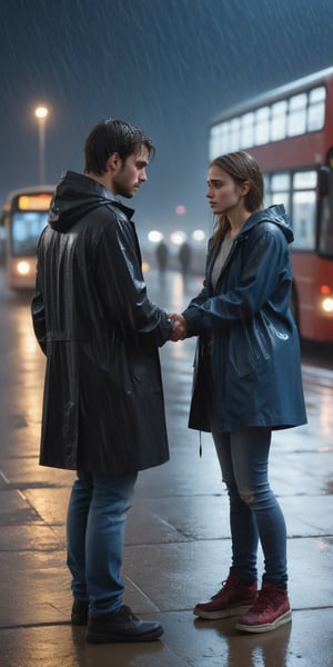 European, two young people, masterpiece, best quality, the young man and the girl are very in love with each other, they are both 28 years old. Under the rain, the girl is wearing a black raincoat and jeans underneath, and the man is wearing a blue coat and jeans, the man is on the intercity street at night ( (at the bus terminal)) extremely sad and emotional scene where she is about to break up with her lover, her hands are about to be separated from each other, shot from outside, woman about to be alone, rain, ((terminal crowd)), drenched, professional professionalism, distorted, both , facing the viewer, seen to the viewer, live 8k, ultra realistic, night, upper body, photo r3al, shooting star, photo r3al