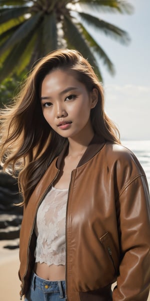 A radiant masterpiece of photography captures the essence of elegance as one stunning girl named Kathy with long hair poses with poise, donning a Topshop premium real leather oversized bomber jacket in tan . Drenched in warm sunlight, showcasing every detail from the cloth's texture to the delicate curve of her beauty. her figure is accentuated against a backdrop of the stunning Bali, Indonesia , its iconic features , creating a stunning and serene backdrop, perfect for nature-themed photo-shoots, The best quality lens and expert composition come together to create an award-winning image that exudes sophistication.,more detail XL,Extremely Realistic