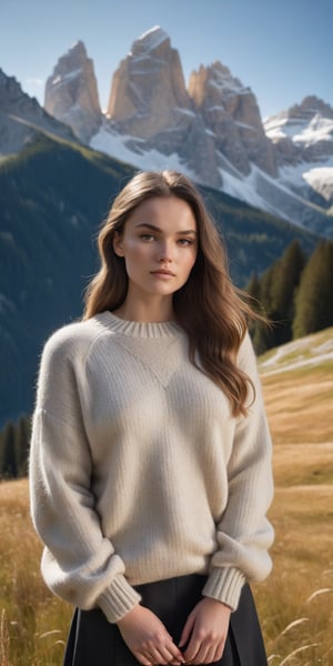 A radiant masterpiece of photography captures the essence of elegance as one stunning girl named Kathy with long hair poses with poise, donning a Topshop knitted oversized exposed seam fluffy crew neck jumper in stone . Drenched in warm sunlight, showcasing every detail from the cloth's texture to the delicate curve of her beauty. her figure is accentuated against a backdrop of the stunning The Dolomites, Italy , its iconic dramatic mountain peaks, with their jagged ridges and scenic valleys , creating a stunning and serene backdrop, perfect for nature-themed photo-shoots, The best quality lens and expert composition come together to create an award-winning image that exudes sophistication.,more detail XL,Extremely Realistic