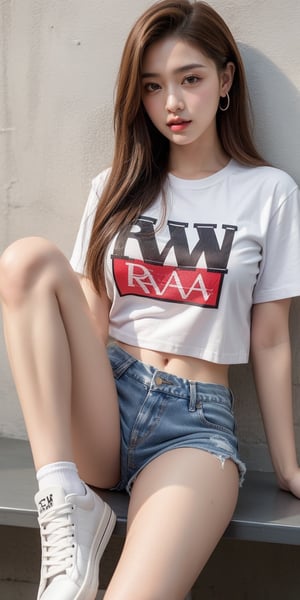 (RAW shooting, Photoreal:1.4), 8K, highest quality, masterpiece, ultra high resolution), (perfect dynamic composition:1.2), (Highly detailed skin and facial textures:1.2), (Slim office lady:1.3), (Fair skin:1.2), (beautiful and aesthetic:1.1), (very beautiful face:1.2), Medium chest, (beautiful eyes, Eyes that feel beautiful eros:1.2), perfect fingers, wearing Denim mini skirt paired with a cropped oversized graphic tee, chunky platform sneakers, and statement hoop earrings., kelthy, 