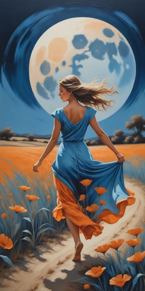 a painting of a girl walking in a field under a full moon, in the style of graceful movement, orange and azure, phoenician art, flower power, realistic yet romantic, pictorial fabrics, dance